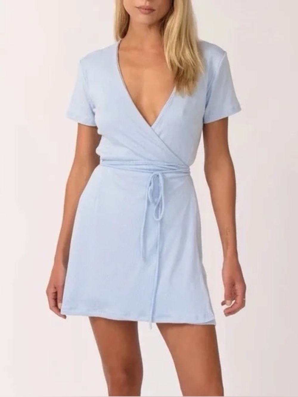 NWT Skatie Wrap Dress Baby Blue Ribbed Short Sleeve Womens Size S